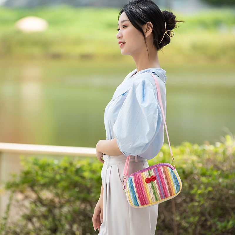 Versatile New Cherry Straw Woven Rainbow Waist Packs