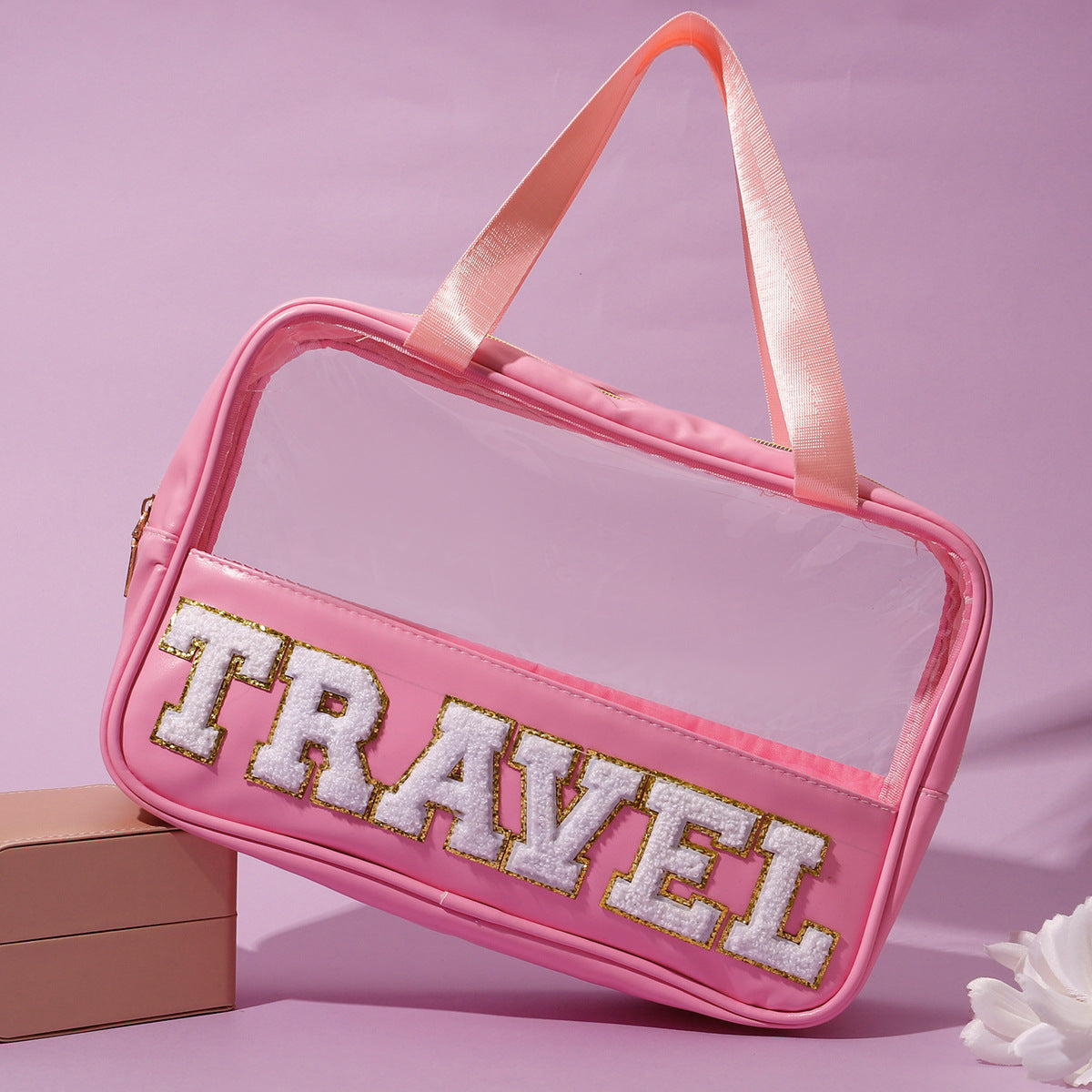 Transparent Hand Chenille Towel Embroidery Letters Cosmetic Bags