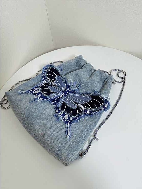 Butterfly Tassel Denim Chain Simple Embroidery Contrast Backpacks