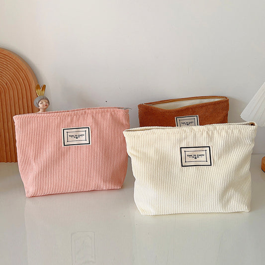 Color Simple Corduroy Portable Potable Toiletries Cosmetic Bags