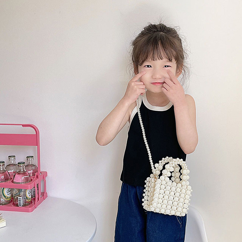 Women's Pure Color Beaded Pearl Woven Small Children's Shoulder Bags