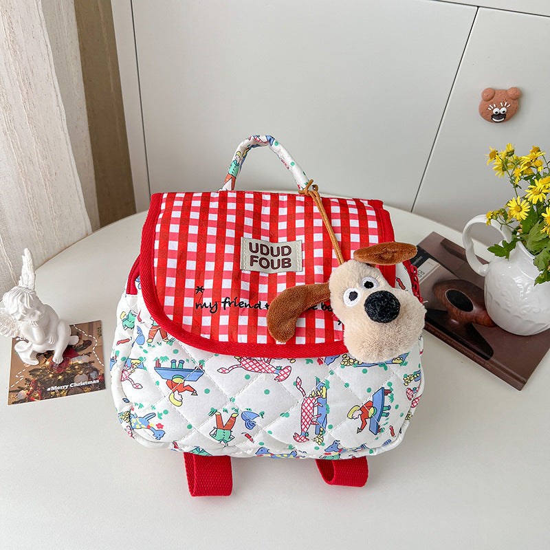 Children's Korean Quilted Cute Puppy Plaid Boys Children's Backpacks