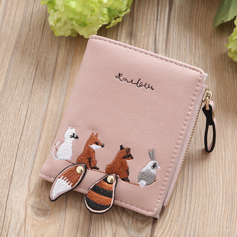 Korean Small Short Female Embroidery Zipper Multiple Ladies Wallets