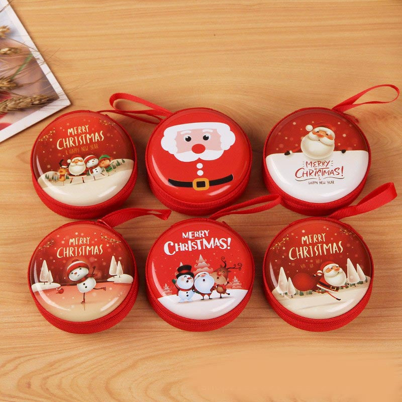 Tinplate Christmas Round Zipper Cartoon Storage Coin Purses