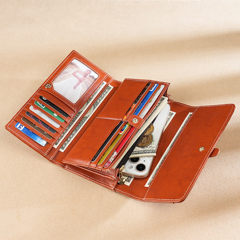 Women's Oil Wax Leather Long Multiple Slots Ladies Wallets