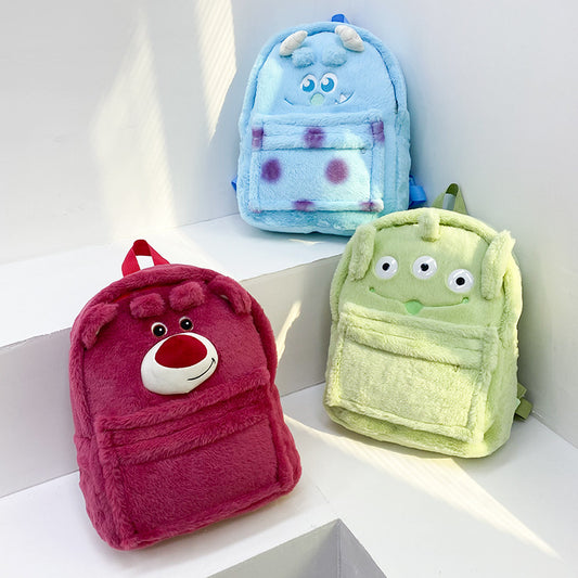 Cartoon Three-dimensional Strawberry Bear Cute Blue Wool Monster Large Children's Backpacks