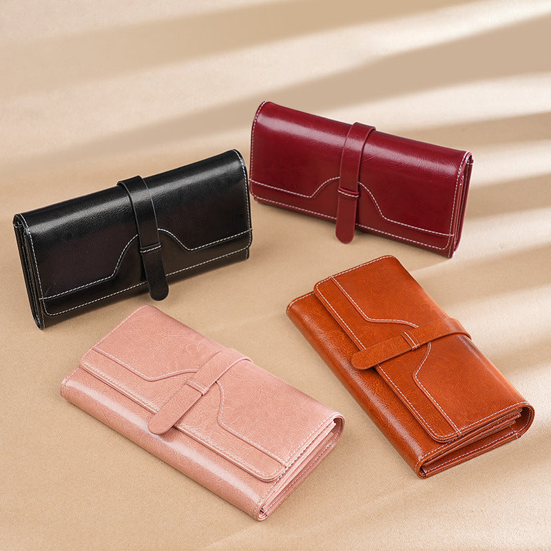 Women's Oil Wax Leather Long Multiple Slots Ladies Wallets