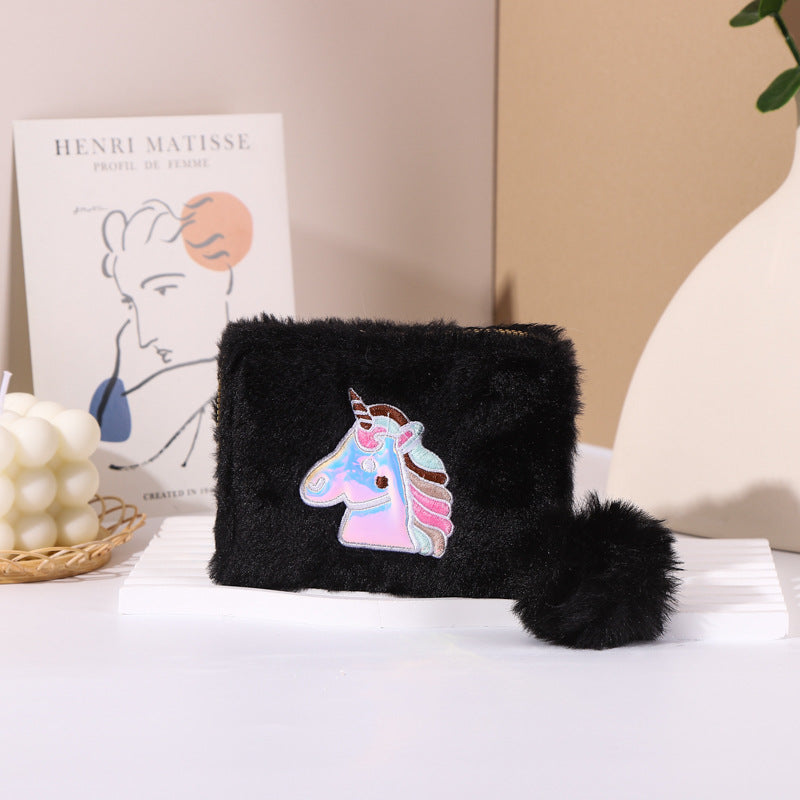 Portefeuille court en peluche avec fermeture éclair pour femme, pochette cheval arc-en-ciel