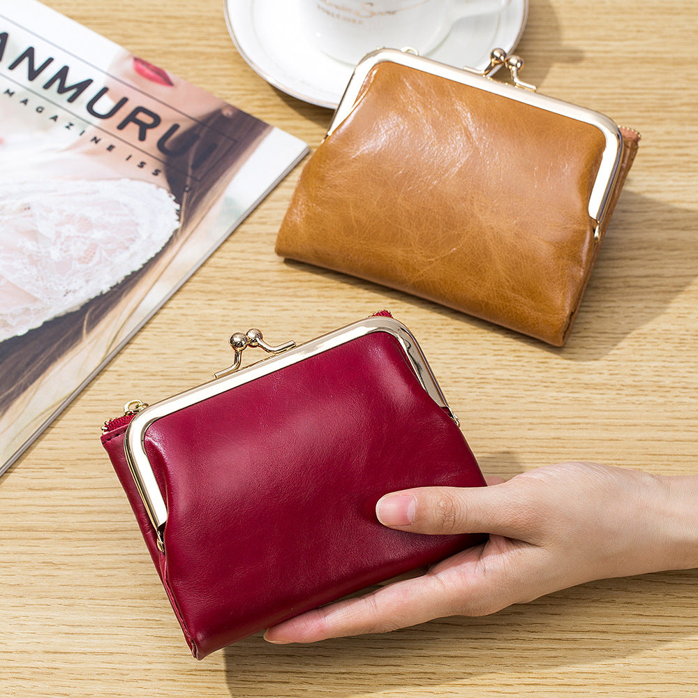 Women's Genuine Leather Retro Clutch Short Clip Ladies Wallets