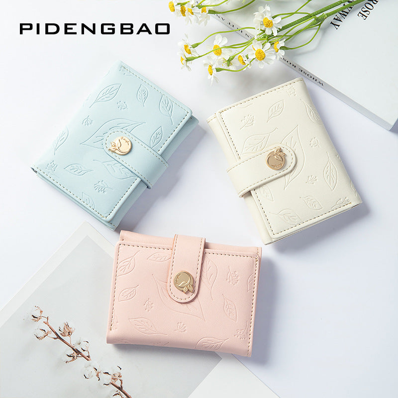 Women's Fresh Embossed Leaves Three Fold Short Ladies Wallets