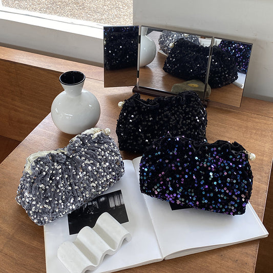 Pochette de niche en perles, sacs à cosmétiques Vintage Veet à paillettes