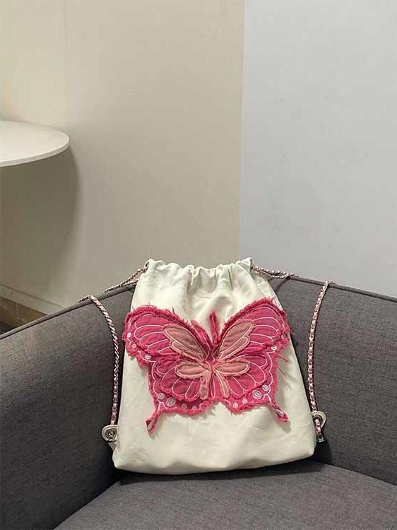 Butterfly Tassel Denim Chain Simple Embroidery Contrast Backpacks