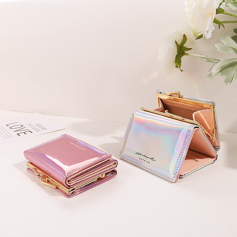 Mini Folding Snap-on Laser Leather Short Ladies Wallets