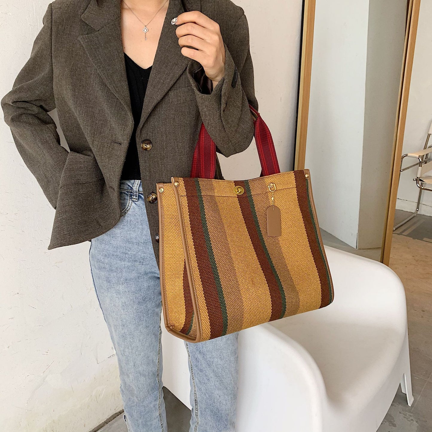 Women's Tote Fashionable Canvas Striped Broadband Handbags