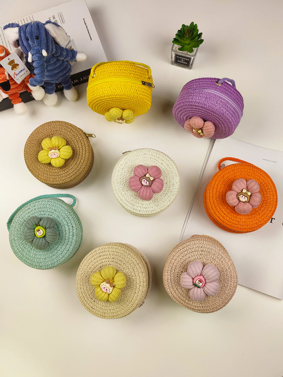 Children's Mini Straw Flower Woven Small Little Coin Purses