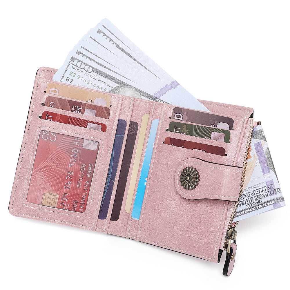 Women's Oily Leather Short Zipper Hollow Multifunctional Ladies Wallets