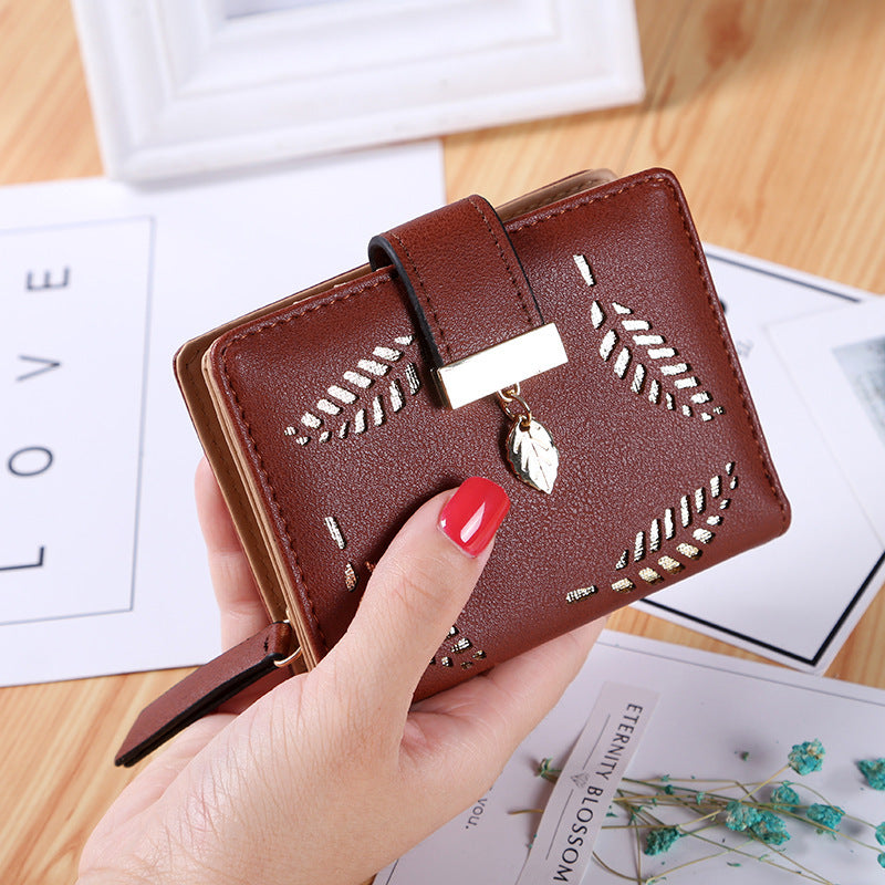 Women's Korean Style Short Zipper Hollow Leaves Ladies Wallets