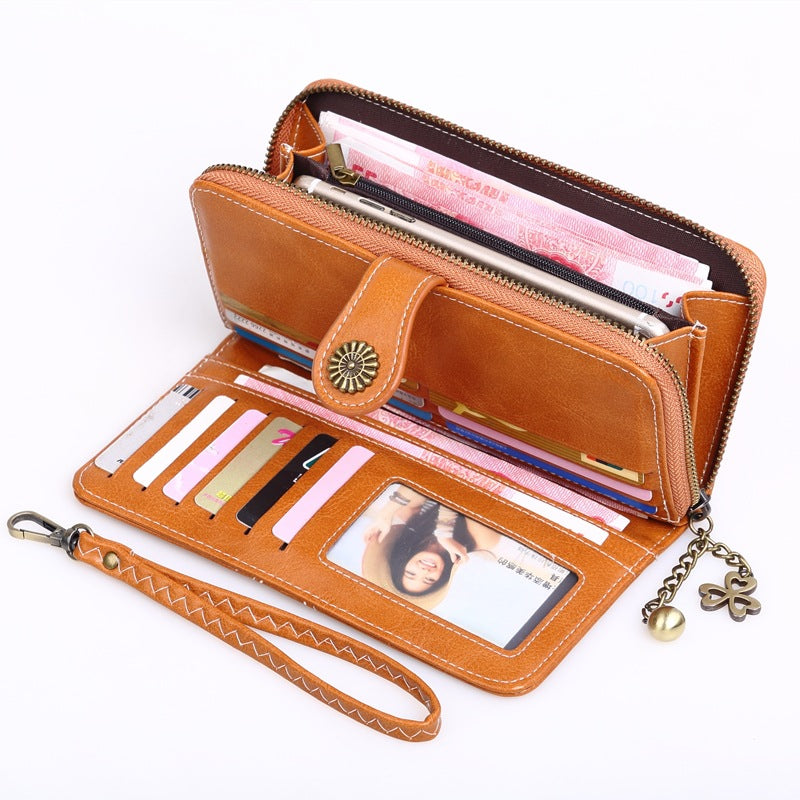 Women's Mobile Long Zipper Oil Leather Hand Ladies Wallets