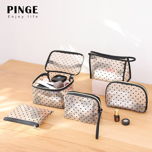 Love Heart Mesh Portable Buggy Transparent Cosmetic Bags