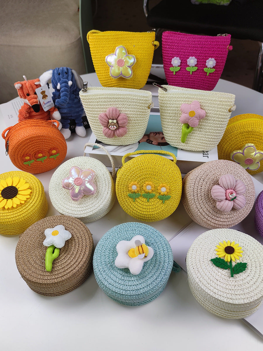 Children's Mini Straw Flower Woven Small Little Coin Purses