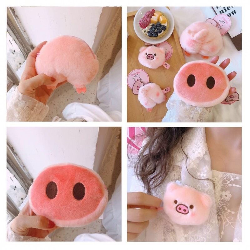 Porte-monnaie chic en peluche avec tête de cochon et cœur