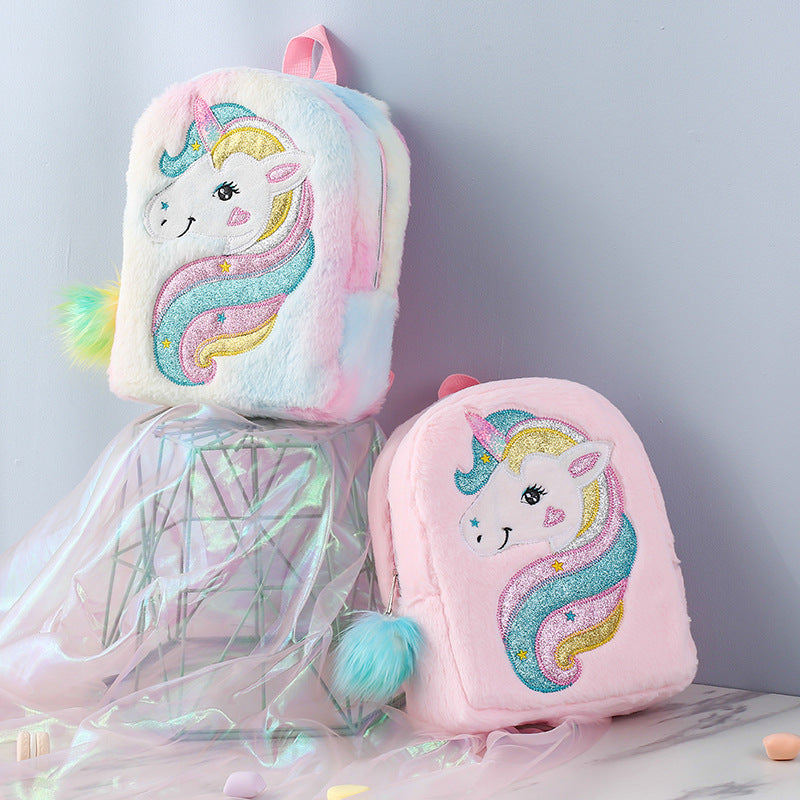 Cartables brodés d'élèves d'école primaire de grande capacité en peluche de dessin animé de licorne