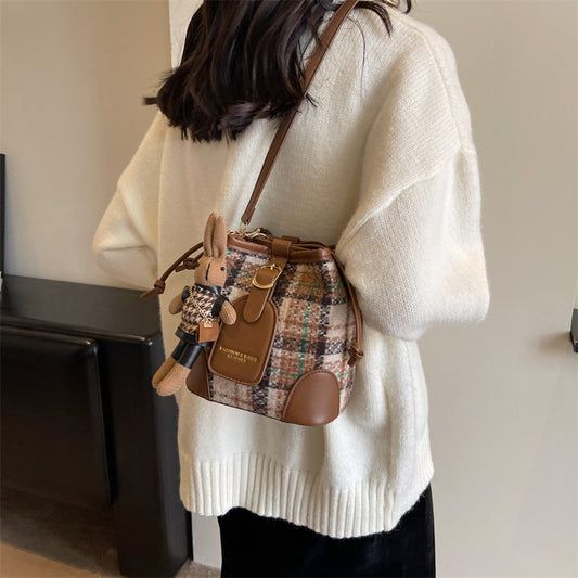 Women's Woolen Checked Bucket Commuter Drawstring Crossbody Bags