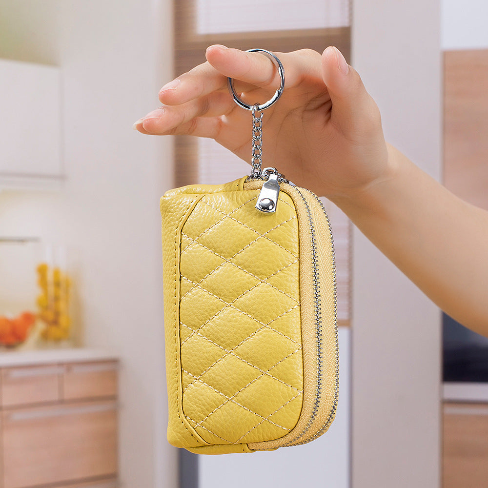 Mini porte-monnaie en cuir véritable à Double fermeture éclair pour femmes, première couche de peau de vache en losange