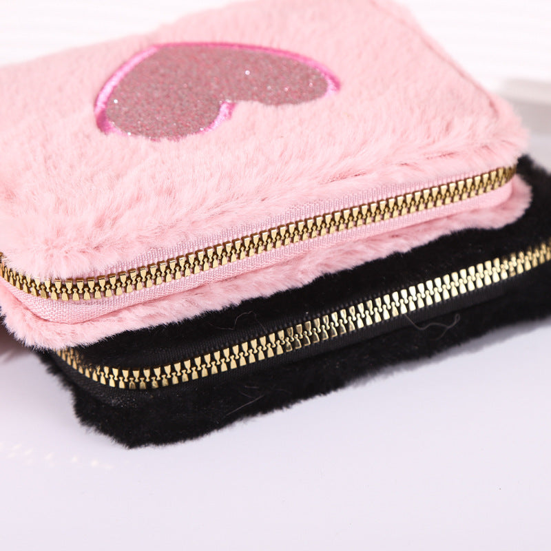 Plush Love Embroidered Zipper Short Clutch Coin Purses