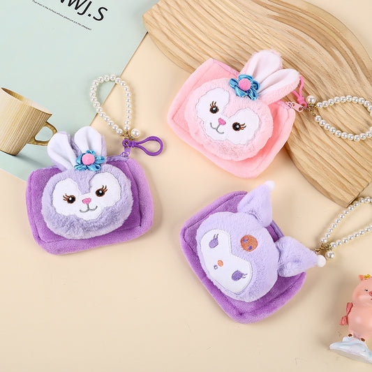 Porte-monnaie carré mignon créatif en peluche pour femmes, certificat de perle, porte-monnaie