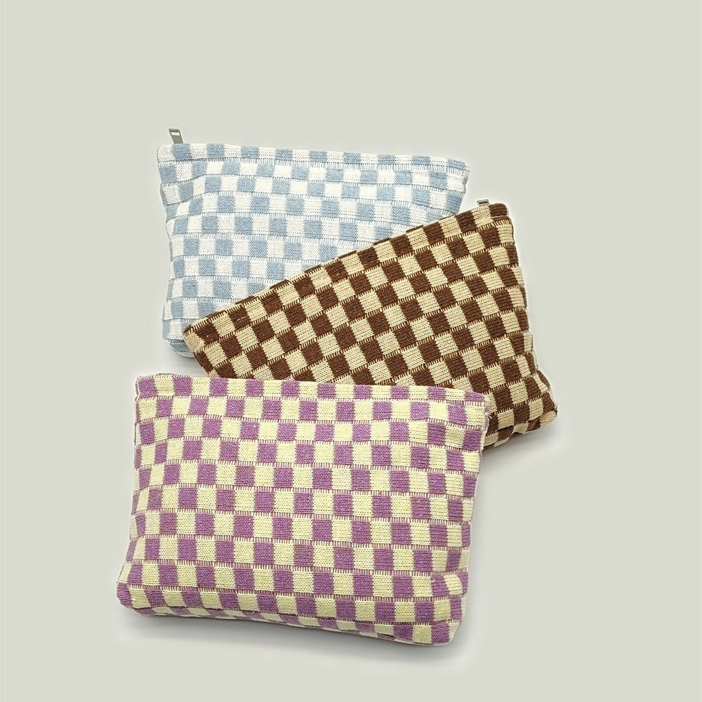 Wool Chessboard Grid Capacity Pencil Knitted Cosmetic Bags