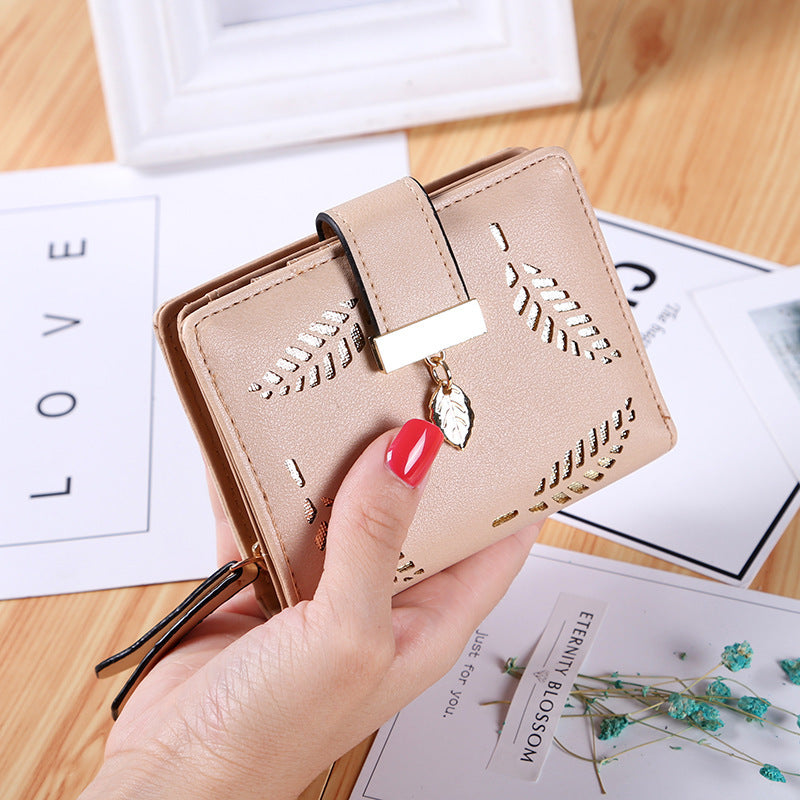 Women's Korean Style Short Zipper Hollow Leaves Ladies Wallets