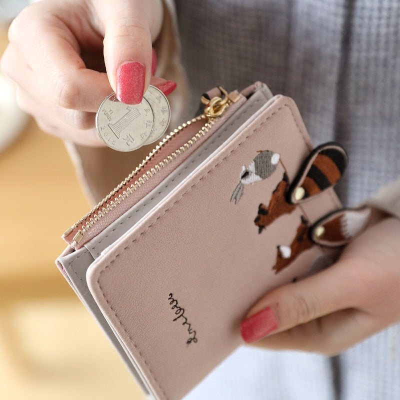 Korean Small Short Female Embroidery Zipper Multiple Ladies Wallets