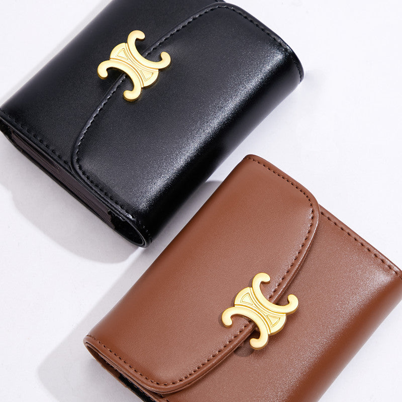 Porte-monnaie court et compact en cuir véritable pour femmes, couleur unie