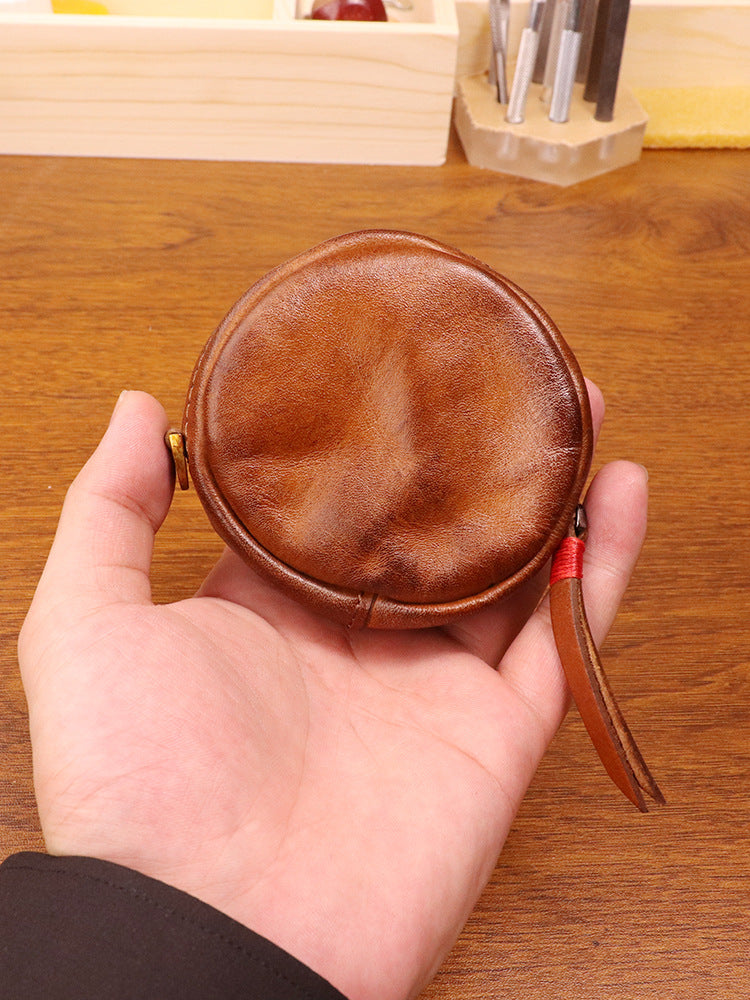 Women's Tanning Leather Retro Hand-rub Color Distressed Round Personality Coin Purses