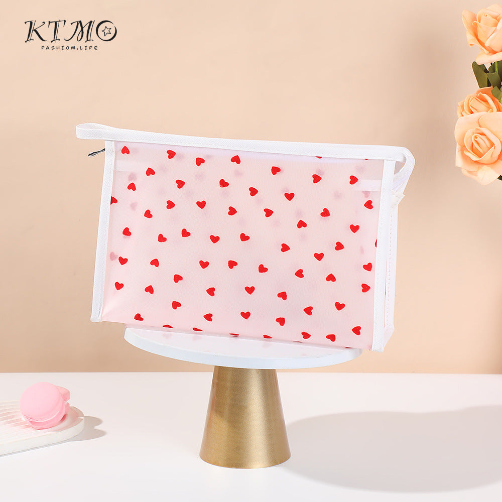 Mesh Flocking Love Storage Simple Large Capacity Wash Cosmetic Bags