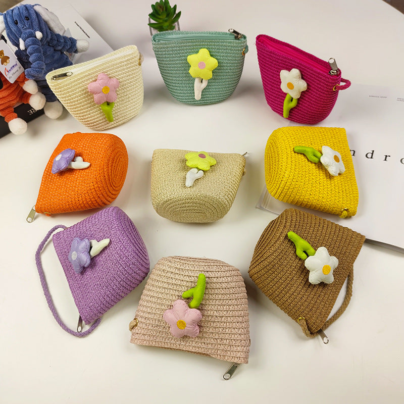 Children's Mini Straw Flower Woven Small Little Coin Purses