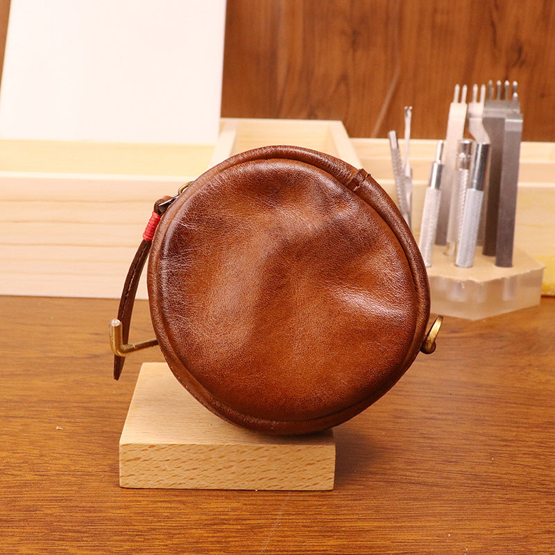 Women's Tanning Leather Retro Hand-rub Color Distressed Round Personality Coin Purses