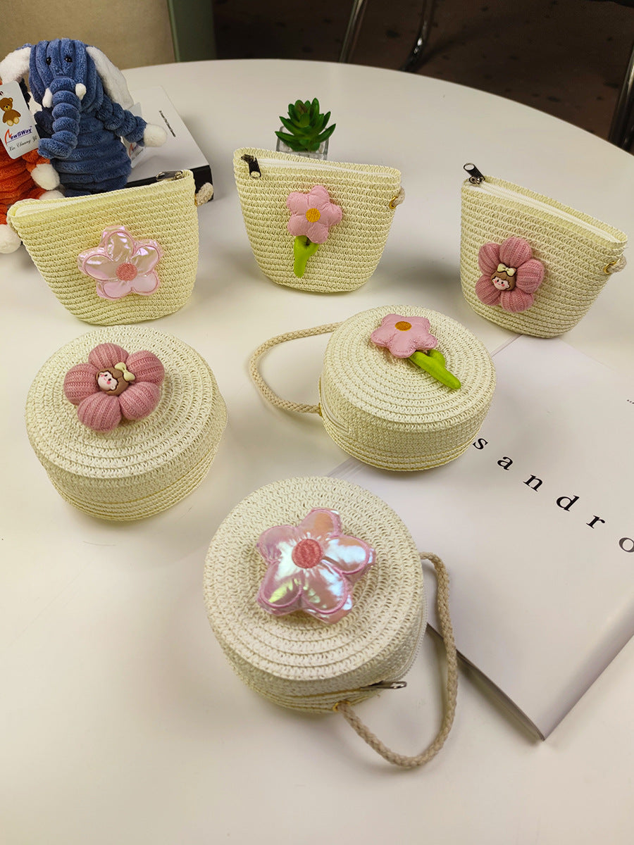 Children's Mini Straw Flower Woven Small Little Coin Purses