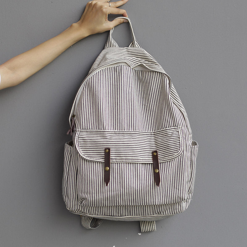 Korean Style Simple Striped Canvas Trendy College Fashion Backpacks