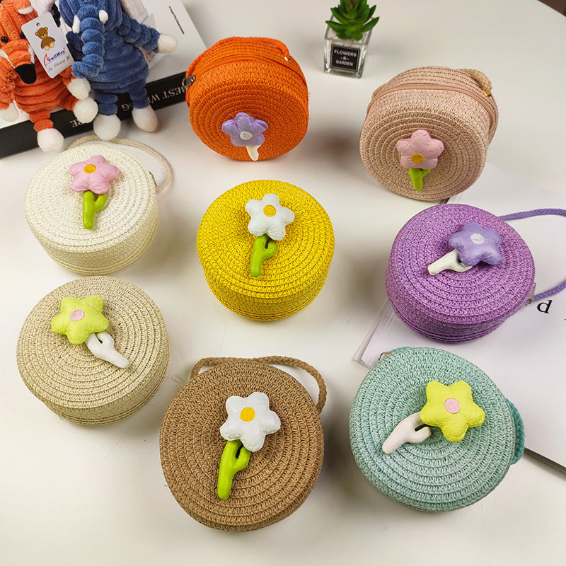 Children's Mini Straw Flower Woven Small Little Coin Purses