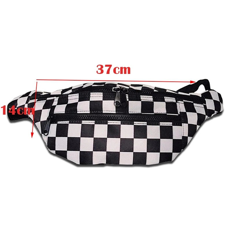 Women's Chessboard Black White Plaid Fashion Small Waist Packs