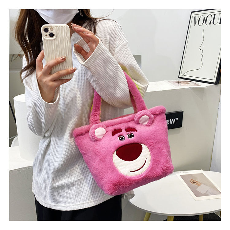 Women's Plush Strawberry Bear Cloth Portable Shopping Children's Shoulder Bags