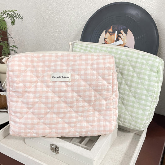 Green Plaid Large Capacity Cute Portable Cosmetics Storage Cotton Cosmetic Bags