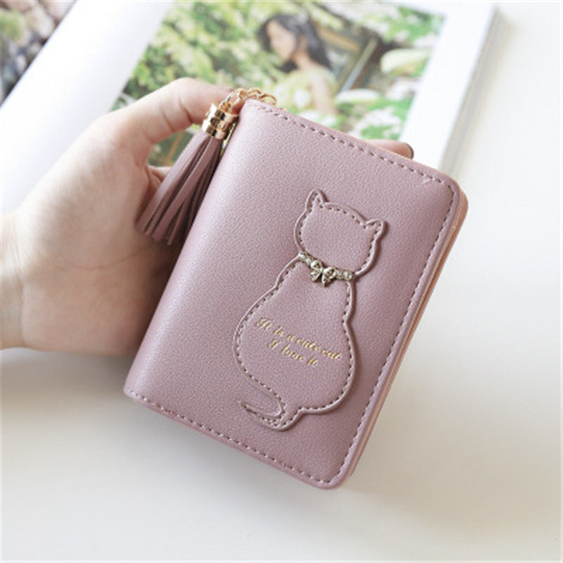 Women's Cute Cat Solid Color Vertical 2 Fold Ladies Wallets