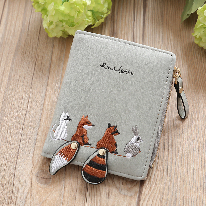 Korean Small Short Female Embroidery Zipper Multiple Ladies Wallets