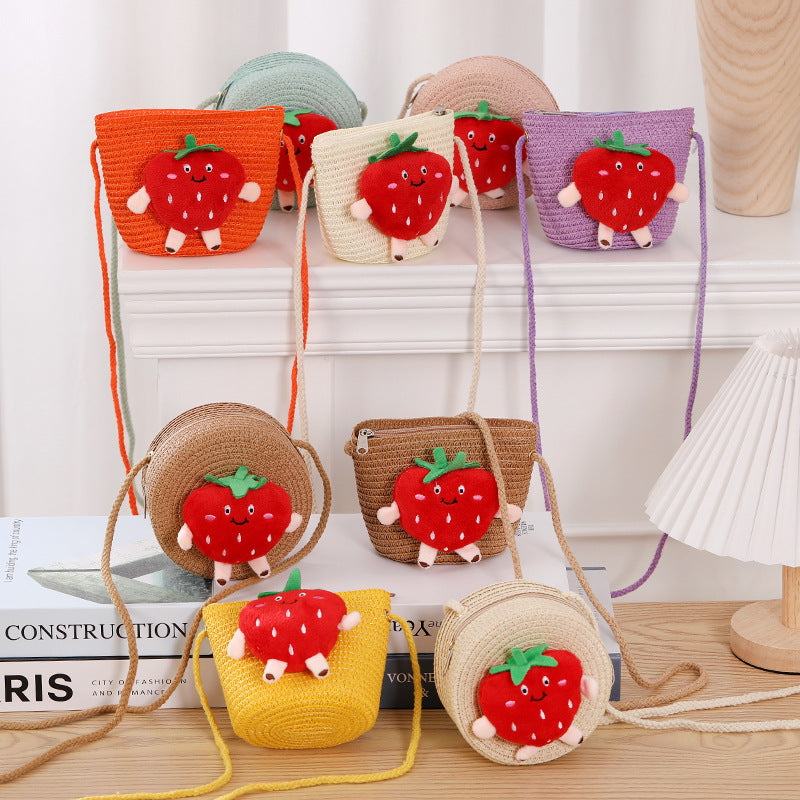 Porte-monnaie en paille tissée aux fraises pour enfants, petit changement, mignon