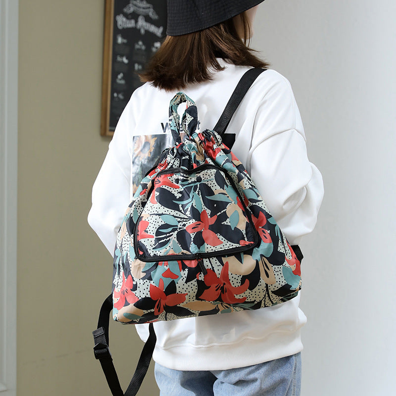 Women's Drawstring Printed Nylon Fabric Foldable Flower Backpacks