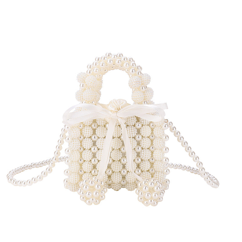 Women's Pure Color Beaded Pearl Woven Small Children's Shoulder Bags