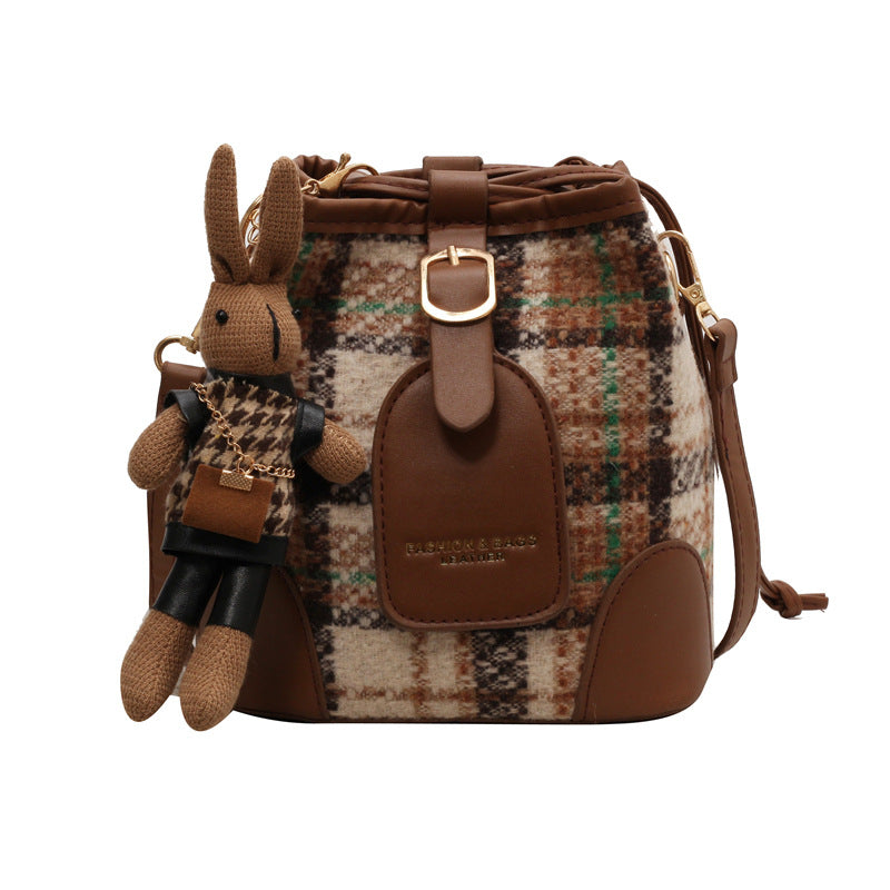 Women's Woolen Checked Bucket Commuter Drawstring Crossbody Bags